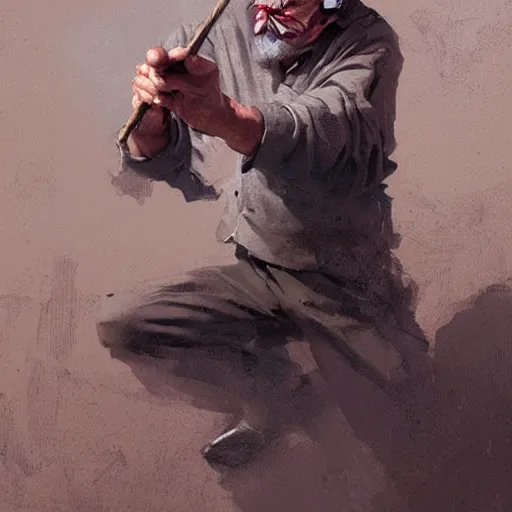 Image similar to old man portrait, he pulling pin is pulling pin of hand grenade,, greg rutkowski art