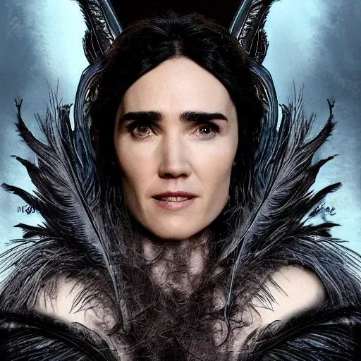 Prompt: jennifer connelly as alien bird - woman, gray skin, wearing black hooded cloak, huge wings, black feathers instead of hair, black feathers growing out of skin, bumpy skin, screaming, losing control, black feathers growing out of face, black hands with black claws, comic book, giger, mucha, trending on artstation