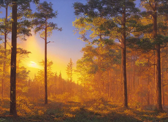 Image similar to the sun rose over the horizon and bathed the forest with a warm golden glow. the trees of the forest seemed to stretch toward the sky, reaching for the light of day. & d concept art, d & d wallpaper, warm, walls painted blue, blue walls, digital art. art by james gurney and larry elmore.