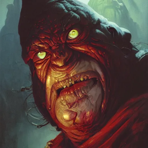 Image similar to head and shoulders portrait of a bloated blind dwarf with red glowing eyesockefs, d & d, fantasy, greg rutkowski, frank frazetta, alexandre chaudret, boris vallejo, michael whelan, miro petrov, hr giger, magali villeneuve, donato giancola