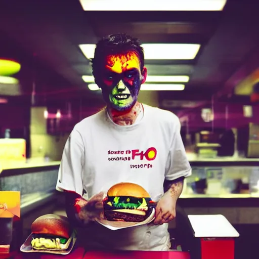 Prompt: zombie portrait working in a fast food restaurant, in a cinematic cyberpunk style, 3 5 mm