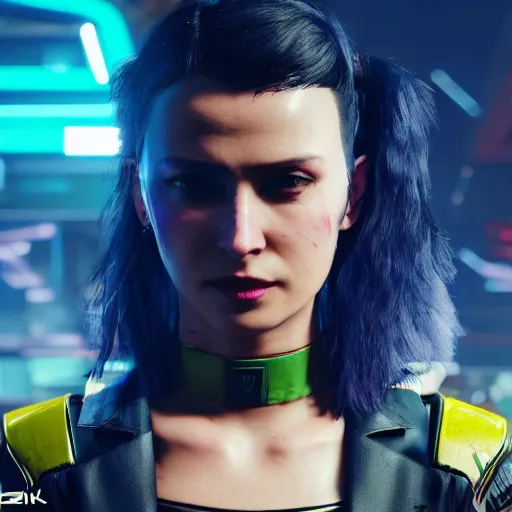 Prompt: female V from Cyberpunk 2077 wearing spiked black choker around neck, realistic, art, beautiful, 4K, HD, collar, technological,