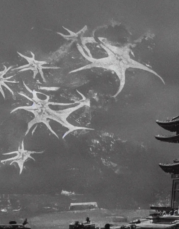 Image similar to a filmstill of a north korean monster movie, kaiju - eiga monster starfish - like trampling a traditional korean palace, foggy, film noir, video compression