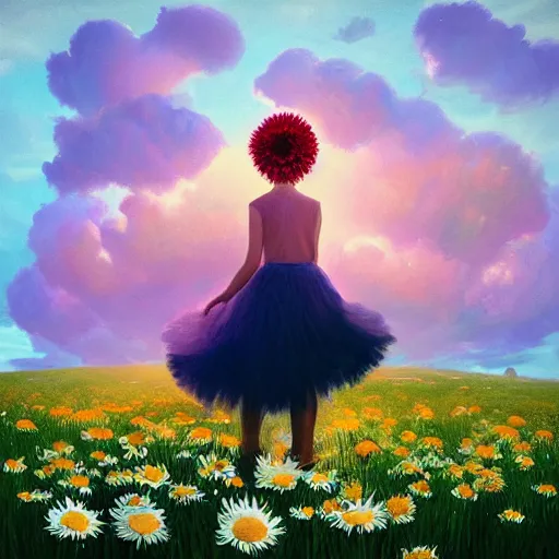 Image similar to head made of giant daisies, girl dancing barefoot in a vast flower field, arms behind back, surreal photography, sunrise dramatic light, impressionist painting, colorful clouds, large sky, digital painting, artstation, simon stalenhag, flower face