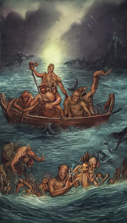 Image similar to man on boat crossing a body of water in hell with creatures in the water, sea of souls, by khara inc