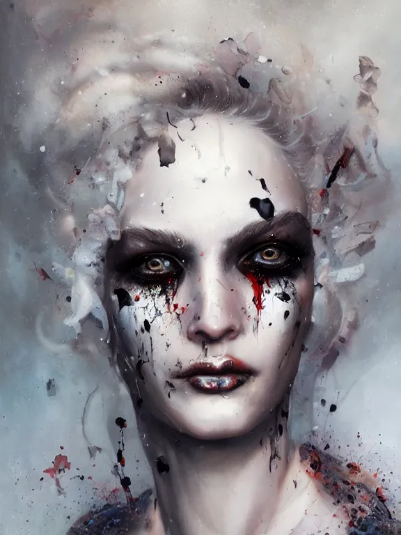 Image similar to a photorealistic splatterpunk portrait of a gorgeous model with shadowy eyes and bonewhite hair, with black glossy lips, hyperrealistic, award - winning, 8 k, in the style of tom bagshaw, cedric peyravernay, peter mohrbacher