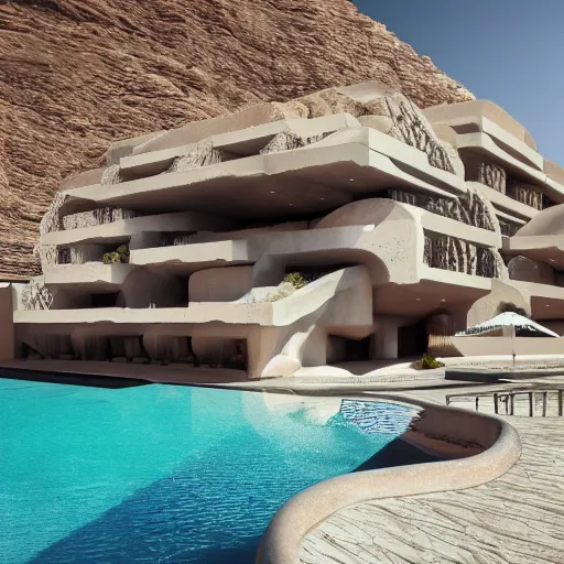 Image similar to brutalism conceptual hotel in the desert, biophilia mood, pool, garden, highly detailed, cinematic, photorealistic,