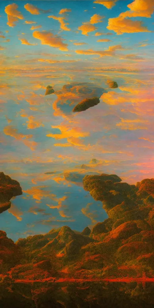 Prompt: symmetry!! a surreal landscape of a dream, lucid dream, people, very detailed, serene, peaceful, golden hour, perfect lighting, perfect composition, digital art, illustration, frederic edwin church, rene magritte, 4 k