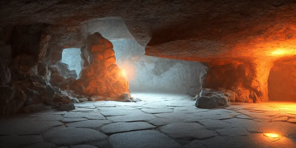 Prompt: crooked stairway made of stone inside a gloomy cave with atmospheric lighting, smoke, photorealistic rendering, blue and orange lights in the distance, octane, redshift, unreal engine