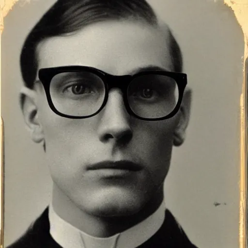 Prompt: A photograph portrait of Jerma985 wearing glasses with a middle-part haircut in the early 1910s, taken in the early 1910s, grainy, taken on a early 1900s Kodak Camera, realistic, hyperrealistic, very realistic, highly detailed, very detailed, extremely detailed, detailed, digital art, trending on artstation