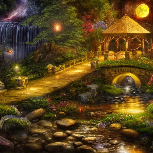 Image similar to painting, high detail, woodland village, in the night, fantasy, crescent moon, stone paths, bridge, water stream, luminous, toadstools, fireflies, fantasy,, flowers, waterfall, lanterns, mist, highly detailed painting, fine lines, 8 k realistic, sharp focus