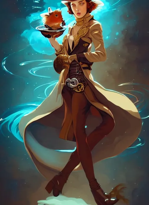 Prompt: style artgerm, joshua middleton, illustration, anthropomorphic hamster as cowboy steampunk aristocrat, swirling water cosmos, fantasy, dnd, cinematic lighting, collectible card art