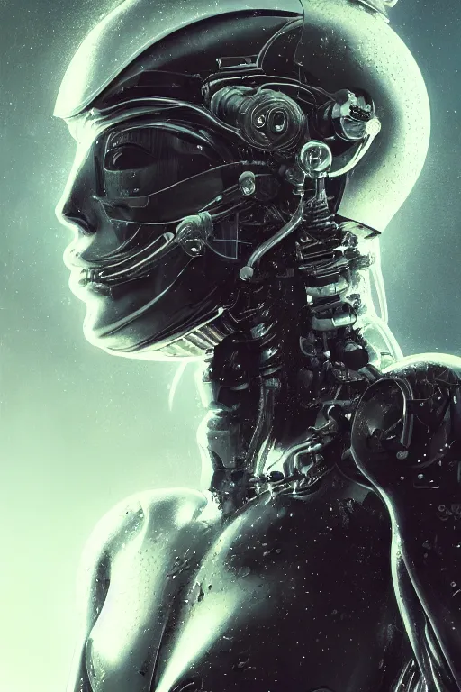 Prompt: a girl in a closed helmet in a shiny biopunk costume consisting of swollen muscles, tendons, metal joints, protruding pistons. masterpiece 4k digital illustration by John Harris, award winning, Artstation, blade runner aesthetic, black background, intricate details, realistic, panoramic view, Hyperdetailed, 8k resolution, intricate art nouveau