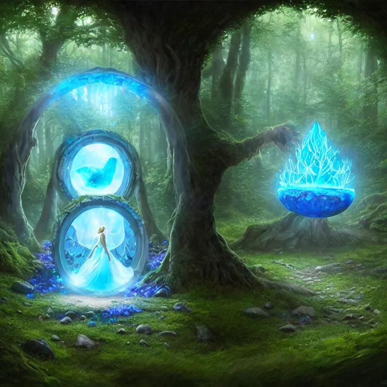 Image similar to Fantasy Magical fairy-tale glowing blue stone portal in the forest. Round stone portal teleport in trees to other worlds. Fantastic landscape. Magic Altar in the fores, highly detailed, digital painting, artstation, concept art, smooth, sharp focus, illustration, art by artgerm and greg rutkowski and alphonse mucha