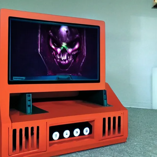 Prompt: product photo of an id Software Doom plug-and-play TV game unit