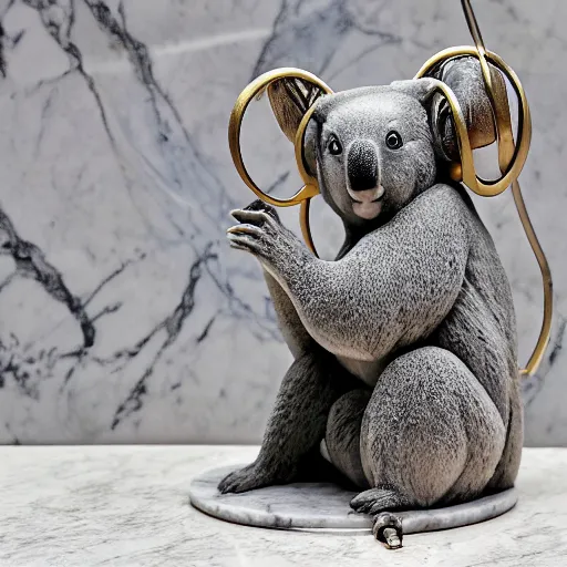 Prompt: a marble statue of a koala dj in front of a marble statue of a turntable. the koala has wearing large marble headphones.