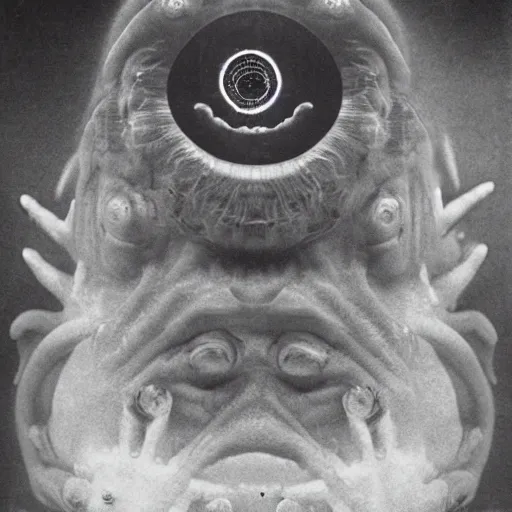 Image similar to a tardigrade experiencing its third eye pineal gland exploding out of the front of his forehead as he is able to perceive all of the thoughts of mankind. body horror. by gerald grom and ansel adams.