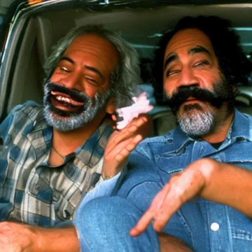 Prompt: cheech and chong smoking in a car, realistic, 4 k,