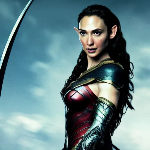 Image similar to Portrait of Gal Gadot starring as the elf Tauriel from The Hobbit, bow and arrow, movie art, wide shot, intense gaze