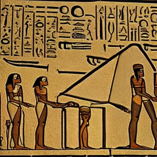 Image similar to ancient egyptian hieroglyphics of kermit the frog building the pyramids from a flying saucer