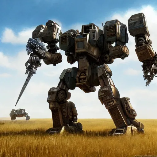 Image similar to a ultra - detailed realistic cinematic shot of an atlas mech fighting it's final battle on the plains of the american midwest, mechwarrior, hyper realism, highly detailed, art, 8 k