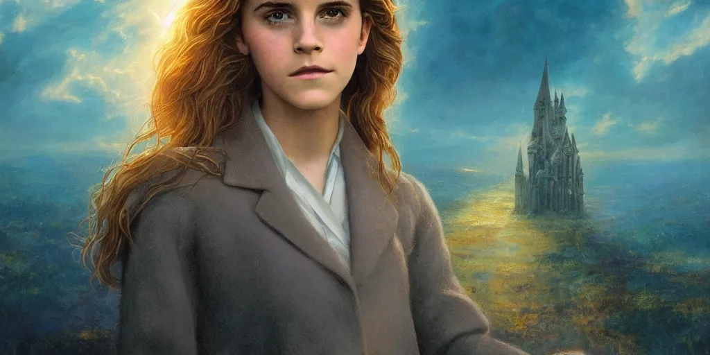 Prompt: Surreal. Vivid. Emma Watson as Hermione Granger. Beautiful. Golden. Hazel. Rays of light. WLOP!!!. Sunset. Captivating. James Paick. Gustave Baumann. Guy Denning. Jean Delville. Clyde Caldwell. Andrew Ferez. John Harris. Extremely detailed. 4K.