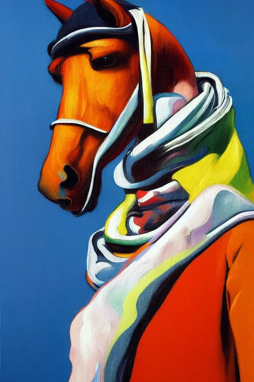 Image similar to scarf in the form of a horse around the neck of an astronaut, highly detailed painting by francis bacon, edward hopper, adrian ghenie, gerhard richter, and james jean soft light 4 k,