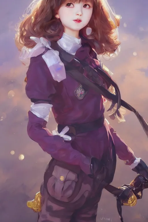 Image similar to Full View portrait of Eunha and other girls from Viviz and gFriend wearing a purple military uniform and short puffy pants, white leggings, Golden Ribbon, and a billowy scarf making a cute pose. masterpiece 4k digital illustration by Ruan Jia and Mandy Jurgens and Artgerm and greg rutkowski, award winning, Artstation, art nouveau aesthetic, Alphonse Mucha background, intricate details, realistic, panoramic view, Hyperdetailed, 8k resolution, intricate art nouveau