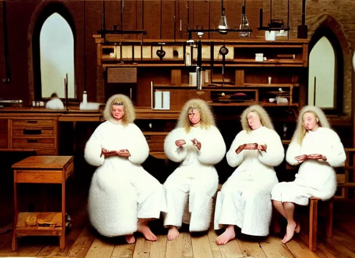 Prompt: realistic photo of a group of medieval female scientists wearing white shorts, beautiful faces covered with white plates, watching at a levitating fluffy furry cloud, in a living room laboratory with many wooden gadgets made of wood interior is made of wood 1 9 9 0, life magazine reportage photo, natural colors