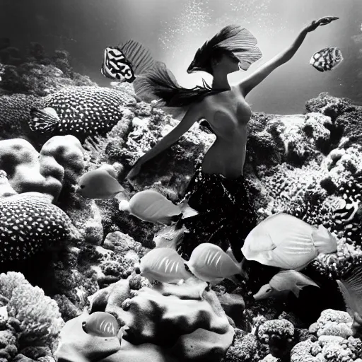 Prompt: medium format photograph of a surreal fashion shoot underwater with tropical fish and coral reefs