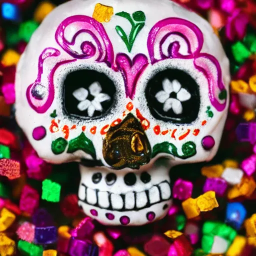 Image similar to mexican sugar skull candy in the shape of a havanese dog, ofrenda, 4 k close up photo, leica, bokeh