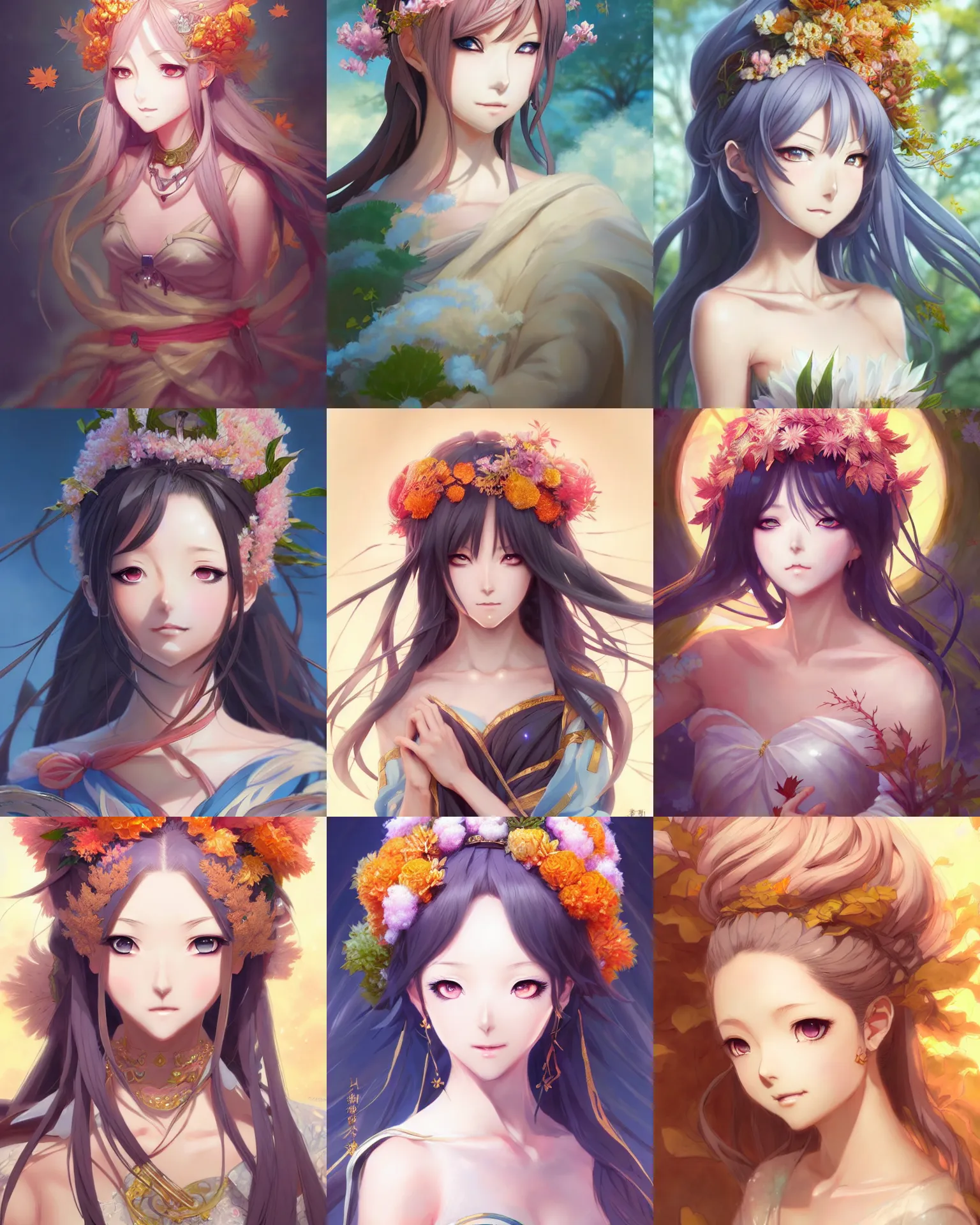 Prompt: Character concept art of an anime Goddess of the Four Seasons || cute-fine-face, pretty face, realistic shaded Perfect face, fine details by Stanley Artgerm Lau, WLOP, Rossdraws, James Jean, Andrei Riabovitchev, Marc Simonetti, and Sakimichan, tranding on artstation