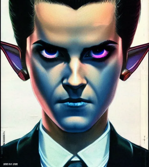 Prompt: a cyberpunk very ugly mafia boss in a suit with slicked back black hair played by emma watson as an elf, 1 9 7 9 omni magazine cover, style by vincent di fate, artgerm, very coherent, detailed, 4 k resolution, bright, unreal engine, daz