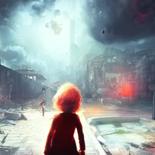 Prompt: A beautiful picture of a small suicidal girl against the background of a destroyed city and a yellow -red moon, artstation and Frederik Heyman, extremely detailed, stunning volumetric lighting, hyper realism, fantasy 4k