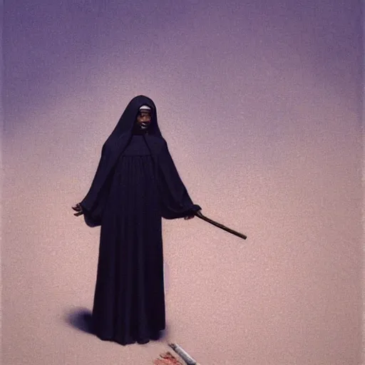 Image similar to a young black nun smoking and puffing lots of smoke, minimalistic background, by Beksinski