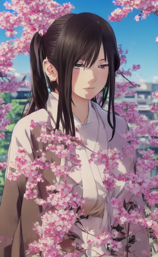 Image similar to anime style, gta 5, panoramic view of girl, centered, yukata clothing, sakura tree in background, short hair, hair down, symmetrical facial features, from arknights, hyper realistic, extreme detail, volumetric lights, 4 k drawing, safebooru, realistic lighting, by alphonse mucha, greg rutkowski, sharp focus, backlit