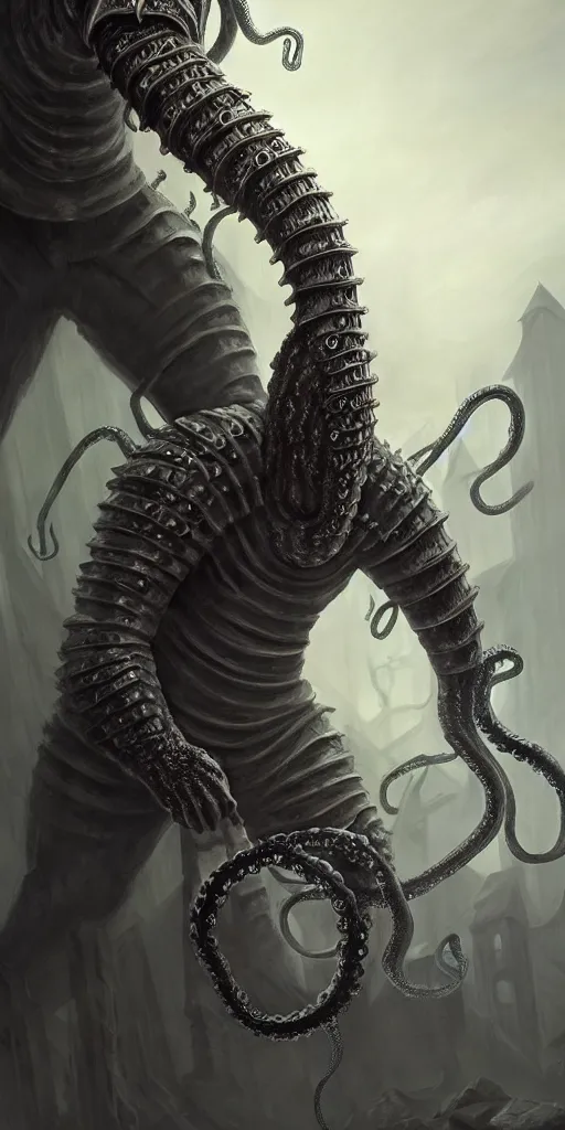 Prompt: a medieval knight slowly transforming into a tentacle monster, matte oil painting, concept art, dnd, clear, crisp, sharp, bones, armor, eldritch, award - winning, extremely detailed, 4 k, 8 k