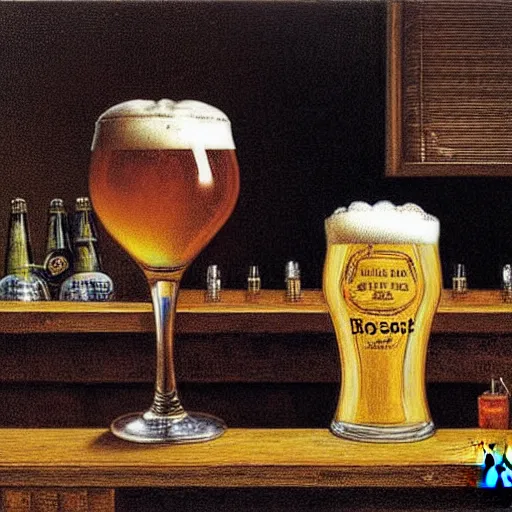 Prompt: A pint of beer sitting on a bar, by Johfra Bosschart