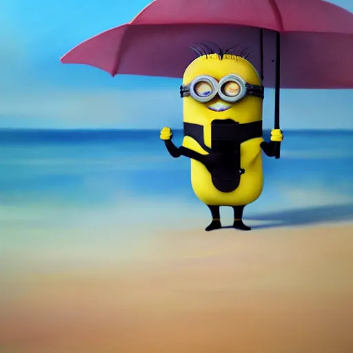 Image similar to an epic painting minion holding umbrella at the beach with silly face, pencil drawing, perfect composition, golden ratio, beautiful detailed, photorealistic, digital painting, concept art, smooth, sharp focus, illustration, artstation trending, octane render, unreal engine