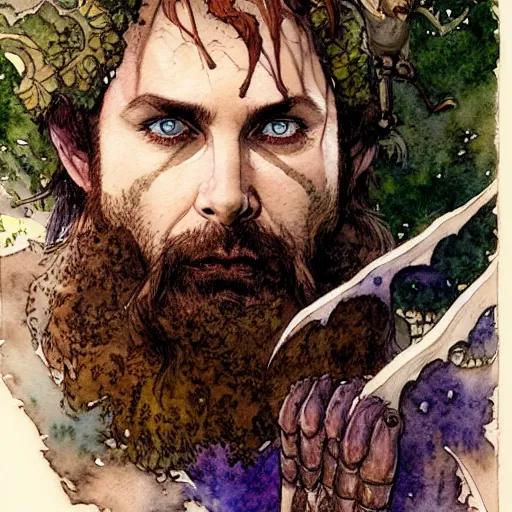 Image similar to a realistic and atmospheric watercolour fantasy character concept art portrait of charlie day as a druidic warrior wizard looking at the camera with an intelligent gaze by rebecca guay, michael kaluta, charles vess and jean moebius giraud