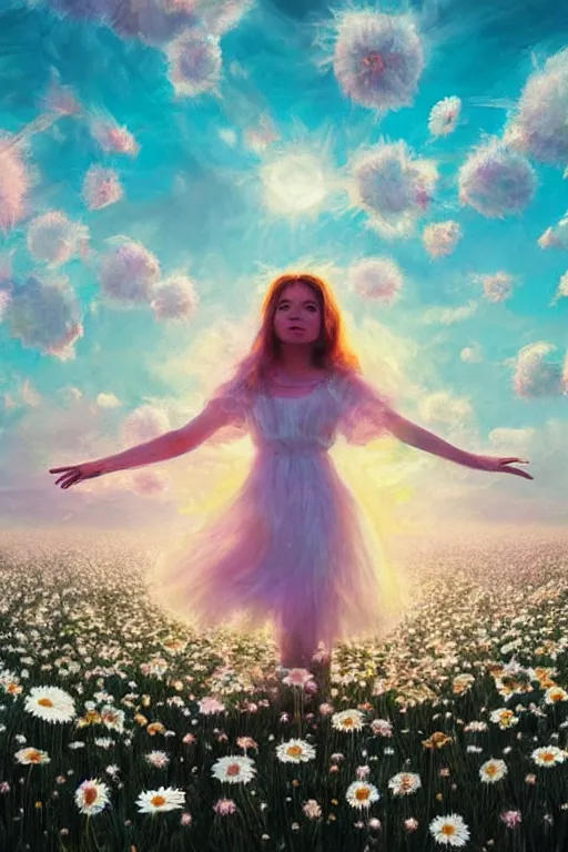 Image similar to giant white daisy flower veil, girl dancing in a flower field, surreal photography, sunrise, dramatic light, impressionist painting, colorful clouds, digital painting, artstation, simon stalenhag