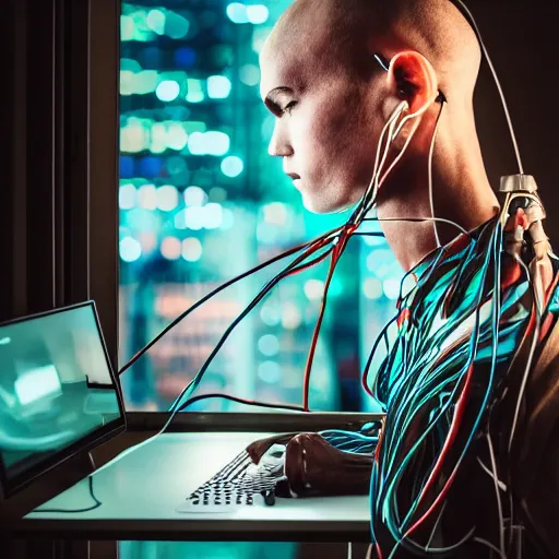 Image similar to An humanoid with an open head that has wires protruding from it that connect to a computer, cyberpunk, EOS-1D, f/1.4, ISO 200, 1/160s, 8K, RAW, unedited, symmetrical balance, in-frame