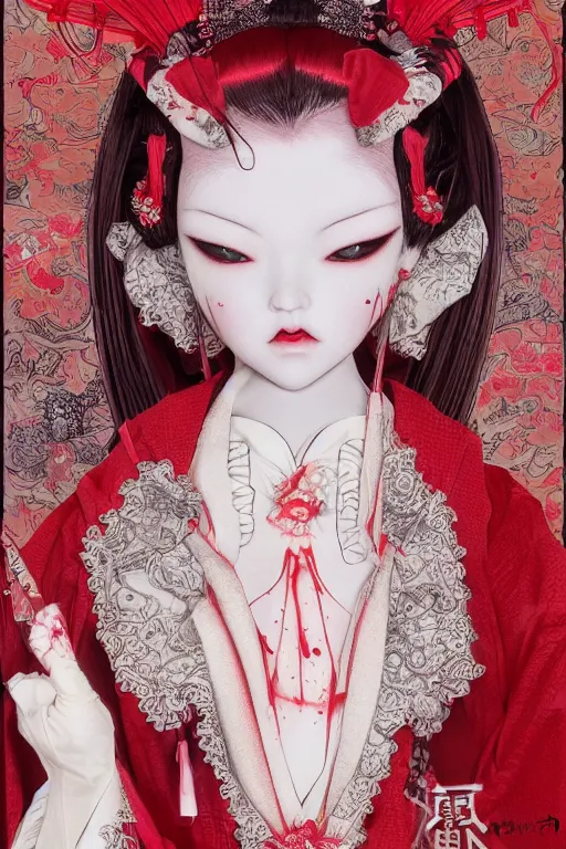 Image similar to high angle photo an avant - garde japanese bjd geisha vampire queen in a victorian lolita fashion red dress in the style of lovecraftian horror painted by yoshitaka amano, takato yamamoto, ayami kojima, dmt art, symmetrical vogue face portrait, intricate detail, artstation, cgsociety, artgerm, rococo