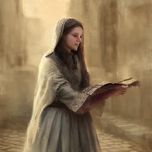 Image similar to Latvian girl in traditional clothes, Riga,highly detailed, matte painting, greg rutkowski