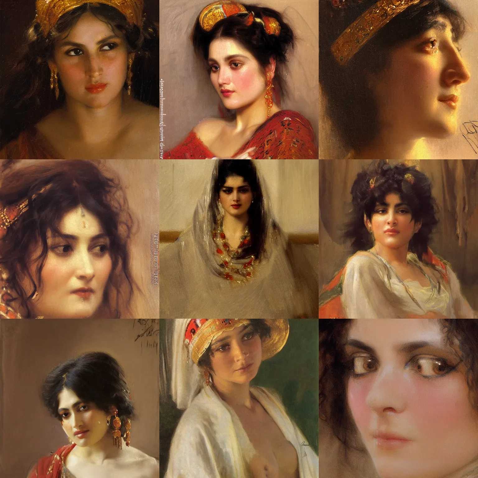 Prompt: orientalism face detail of a beautiful woman priestess bangs and thick dark curls hair and hair ties and eyelashes by theodore ralli and nasreddine dinet and anders zorn and nikolay makovsky and edwin longsden long, oil on canvas, masterful intricate artwork, excellent lighting, high detail 8 k