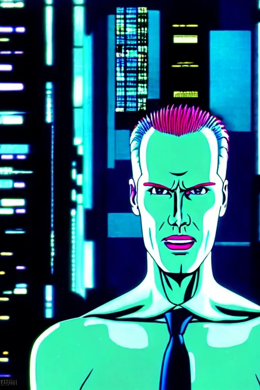 Image similar to max headrom in a long shot from the film ghost in the shell, style of yoshii chie, cinematic, highly detailed