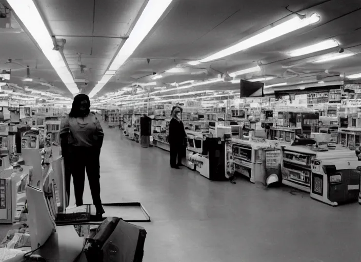 Prompt: cinematic wide shot of backlit windows of a narrow used electronics store, octavia spencer wanders the messy aisles, keyboards, iconic scene from the paranoid thriller sci fi film directed by stanley kubrick, anamorphic cinematography, beautiful composition, color theory, leading lines, photorealistic, volumetric lighting