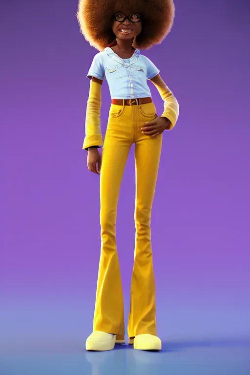 Image similar to a centered render of a super cool afro girl from the seventies wearing flares, by dreamworks, by pixar, by viktoria gavrilenko, by leticia gillett, octane render, perfect face, 3 d, 8 k