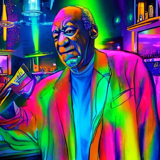 Image similar to Bill Cosby offering large glowing drink in nightclub background, colorful 16k hyper realistic illustration