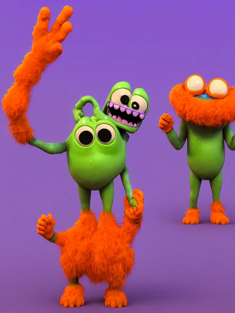 Prompt: smiling colorful furry purple monster toy with orange gloved hands on its arms and orange boots on its feet and two big round eyes walking down a city street at dusk, 3D model unreal engine highly detailed rendered in pixar renderman